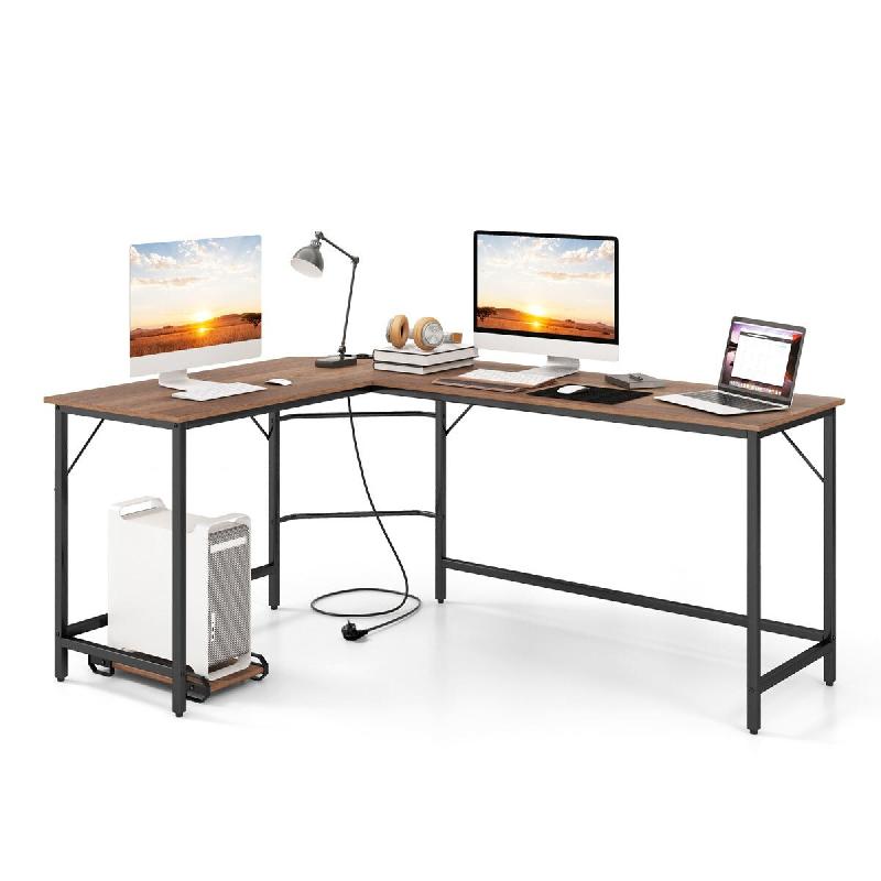 Helloshop26 - Bureau d'angle en l 168 x 50 x 74,5 cm avec 2 prises et 2 ports usb design naturel en bois d'ingénierie métal 20_0010893 - métal 3000_0