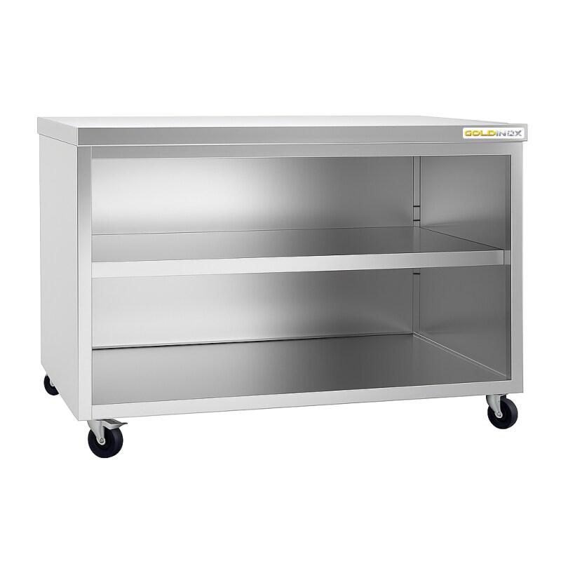 Meuble bas inox ouvert 1400x700 mm sur roulettes PREMIUM - GOLDINOX - gris inox 3701770811083_0