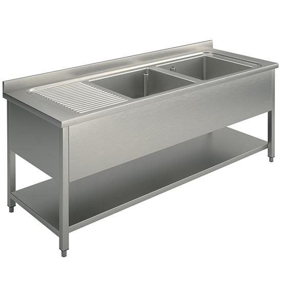 Plonge inox, 2 bacs, égouttoir à gauche, sur piètement, avec étagère inférieure, 1600x600 mm - SLG2GS1656_0