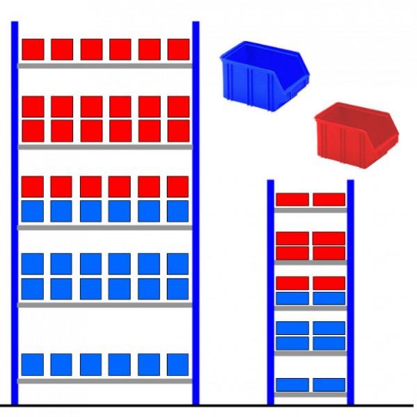 Rayonnage métallique avec bacs éco bleu et rouge - Départ - 96 bacs de 3,85 litres - Rolléco_0