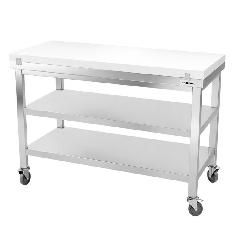 Table de travail en inox 1500x700 mm avec plaque de découpe blanche et 2 étagères sur roulettes PREMIUM - GOLDINOX - gris inox 3701770840076_0