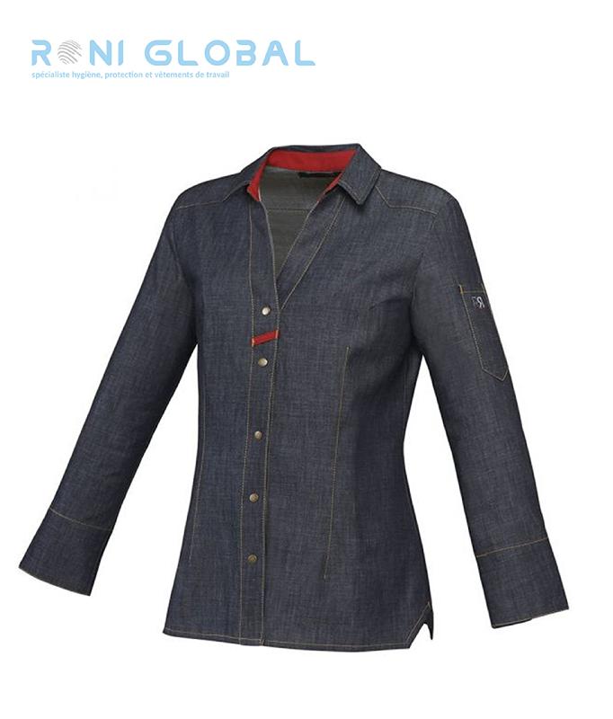 Veste de cuisine femme denim et rouge - manches longues en coton avec 1 poche - Verveine Robur_0