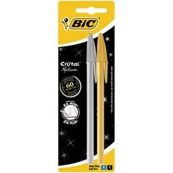 2 STYLOS À BILLE - BIC - CRISTAL CORPS OR ET ARGENT POINTE MOYENNE