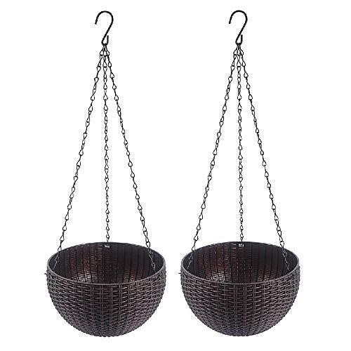 DYNA-LIVING - Lot de 2 pots de fleurs suspendus en plastique auto-irrigants - Style rotin - 22cm de diamètre_0