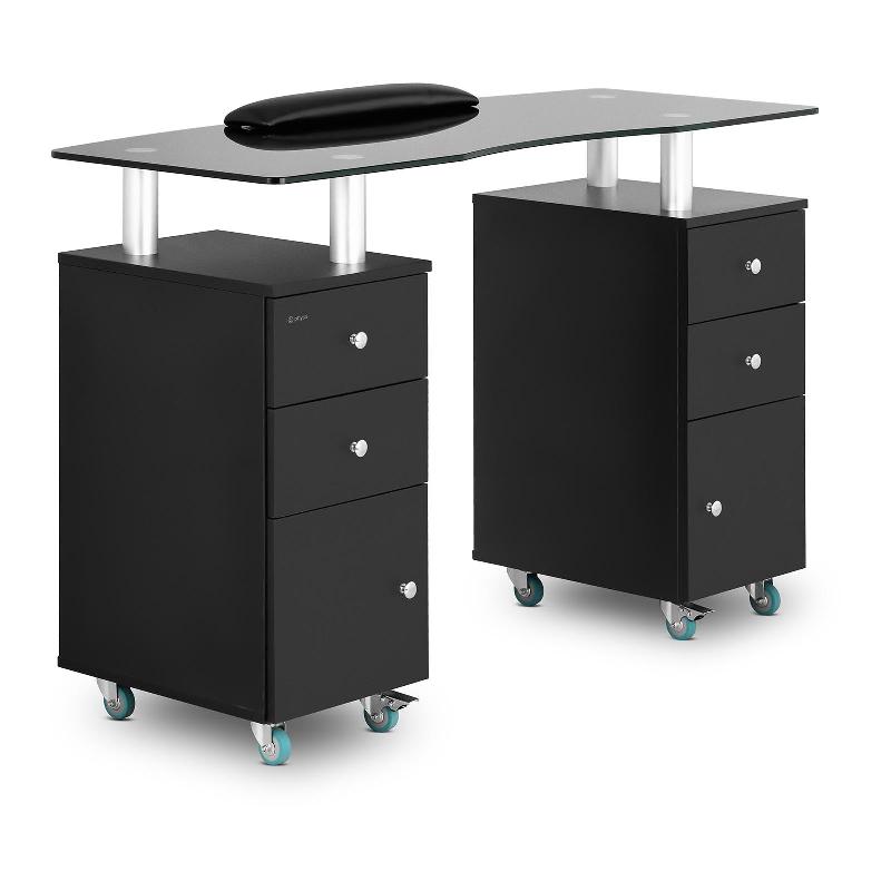 Table de manucure 120 x 51,5 x 81 cm - Noir - Plateau en verre, 8 roulettes avec freins, 4 tiroirs - Modèle 14_0007860_0