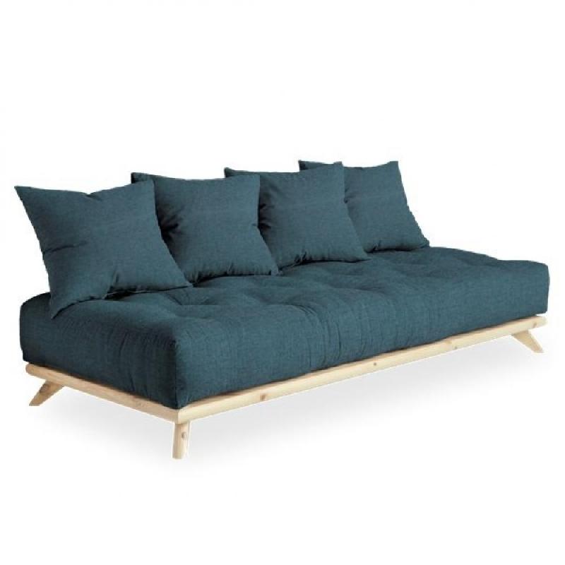 Canapé convertible futon Senza en pin naturel - Coloris bleu profond - Couchage 90 x 200 cm_0