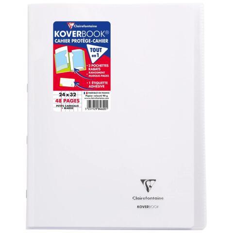 LOT DE 10 - CAHIER PIQUÉ KOVERBOOK 24X32CM 48 PAGES PETITS CARREAUX + MARGE COUVERTURE POLYPROPYLÈNE TRANSPARENT - INCOLORE
