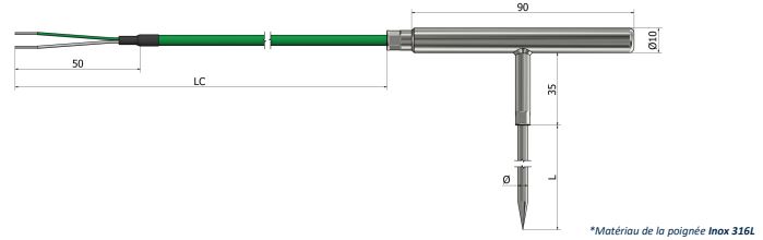 Thermocouple à piquer - Poignée en T - TP50 - Types K, N, J, T, E, R, S, B - Classe 1 et 2 - Gaine Ø3 à Ø6 mm en Inox 316L_0