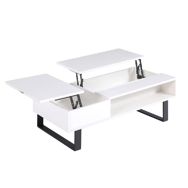 Table basse relevable HAPPY 120x60cm - laqué blanc brillant, double plateau avec rangement et système de ressorts_0