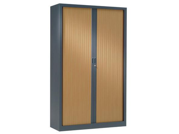 Armoire haute à rideaux bois - 1000 x 430 x 1980 mm - Anthracite et hêtre - 4 étagères - Charge max 110 kg_0