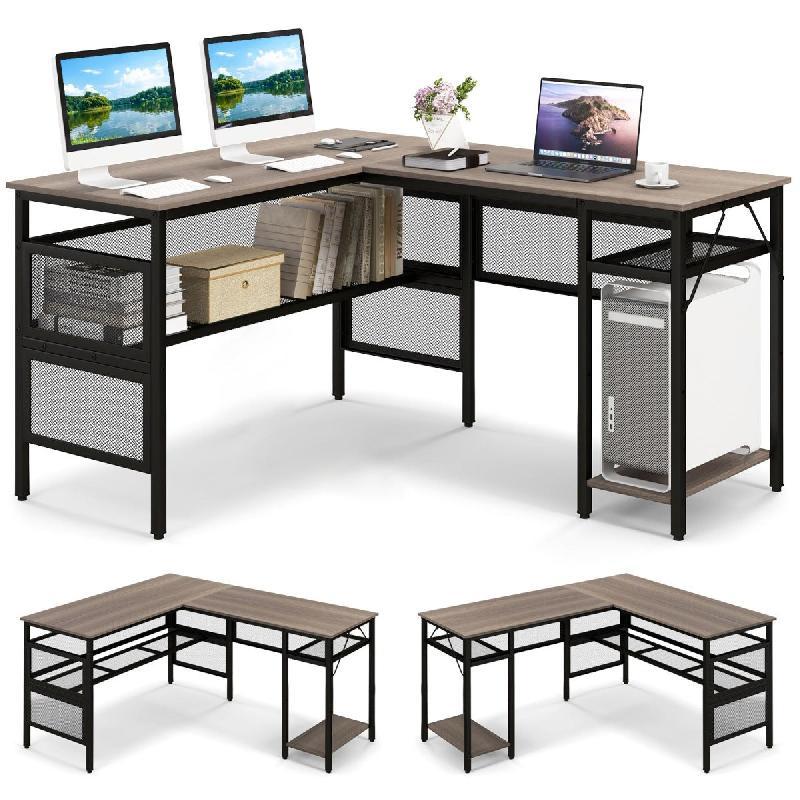 Bureau en forme de L - Bureau d’angle réversible avec étagères en treillis, support CPU, design moderne, gris - 20_0008002_0