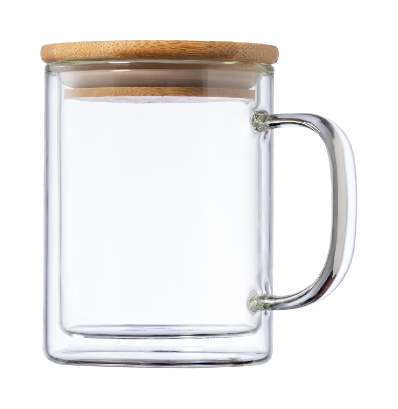 Mug isotherme en verre borosilicaté - double paroi avec anse et couvercle en bambou - 370 ml_0