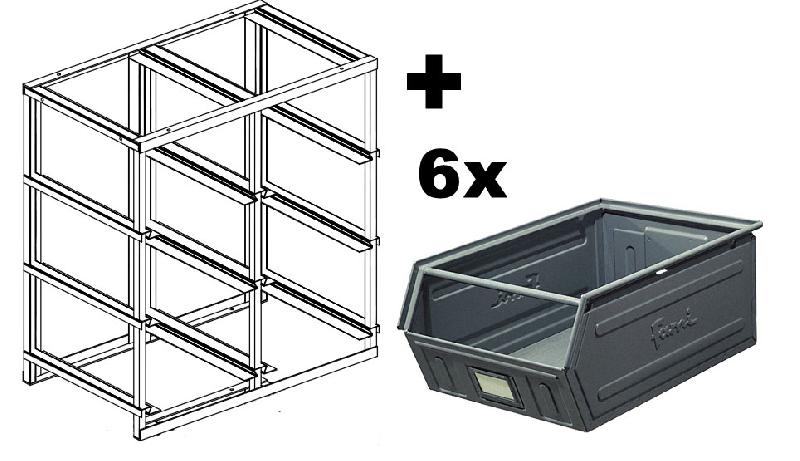 Rack de rangement - 6 postes avec bacs métalliques vernis 88 litres - capacité 1200 kg_0