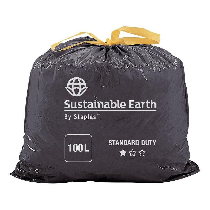 SUSTAINABLE EARTH BY STAPLES SACS POUBELLE RECYCLÉS AVEC CORDON, 100 L, NOIR, 25 UNITÉS PAR ROULEAU