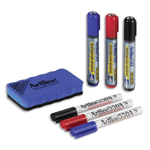 KIT POUR TABLEAU BLANC ARTLINE AVEC 1 BROSSE MAGNETIQUE + 6 MARQUEURS 3 COLORIS ASSORTIS