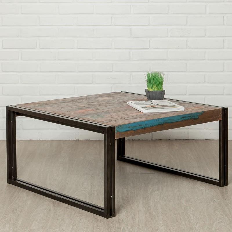 Table basse carrée en teck industriel loft 80cm naturel - Teck recyclé - Paris Prix_0