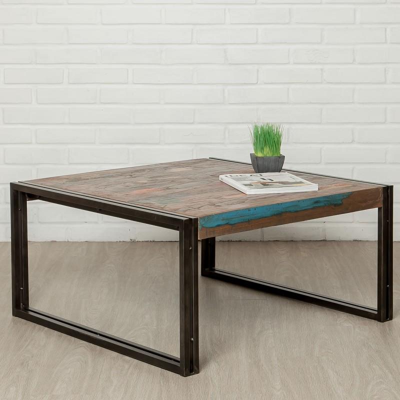 TABLE BASSE CARRÉ EN TECK INDUSTRIEL LOFT 80CM NATUREL - PARIS PRIX_0