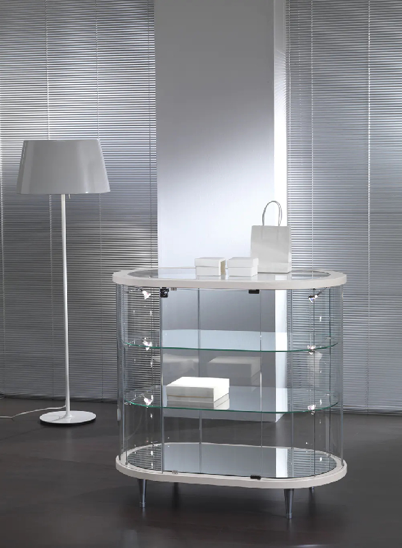 Vitrine cylindrique basse 203/OBVA - blanc poli - verre trempé - éclairage LED - 2 tablettes réglables_0