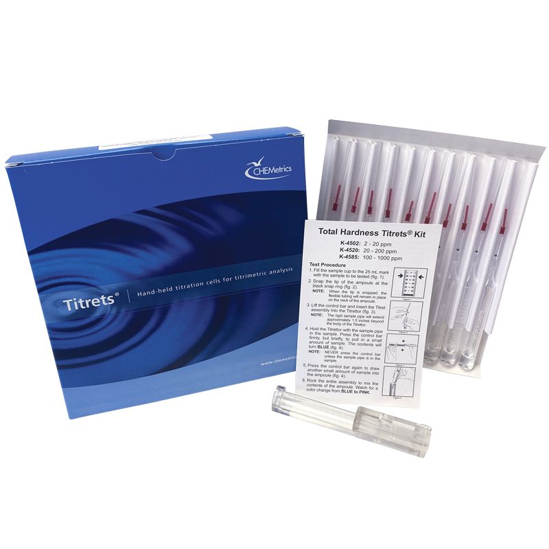 Kit d’analyse visuelle de la dureté en CaCO3 2-20 ppm, type : Titrets 30 ampoules, marque Chemetrics - Ref.: NDD001_0