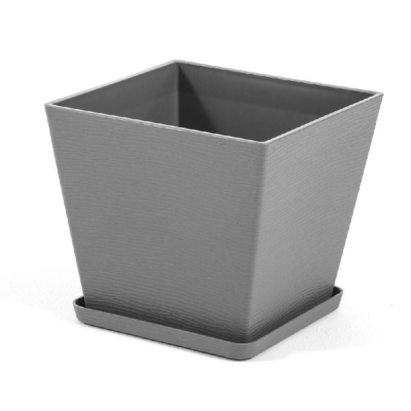 RATTATAN Pot carré 37,5x37,5cm en polypropylène avec fibre de verre, soucoupe assortie, léger, résistant, pour intérieur et extérieur LILIUM (1_0