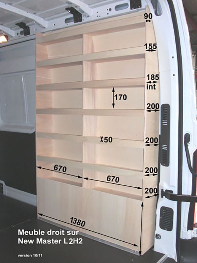 Meuble droit en contreplaqué peuplier naturel - Renault MASTER L2H2 & L3H2 - robuste avec 6 tablettes et passage de roue intégré_0