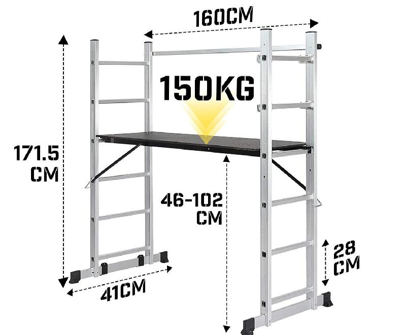 ÉCHAFAUDAGE ET ÉCHELLE MULTIFONCTION 4 EN 1 MOBILE RÉGLABLE EN HAUTEUR 102 CM EN ALUMINIUM CHARGE MAX 150 KG 2 ENTRETOISES ET MAIN COURANTE PLATE FORME DE TRAVAIL 01_0000067_0