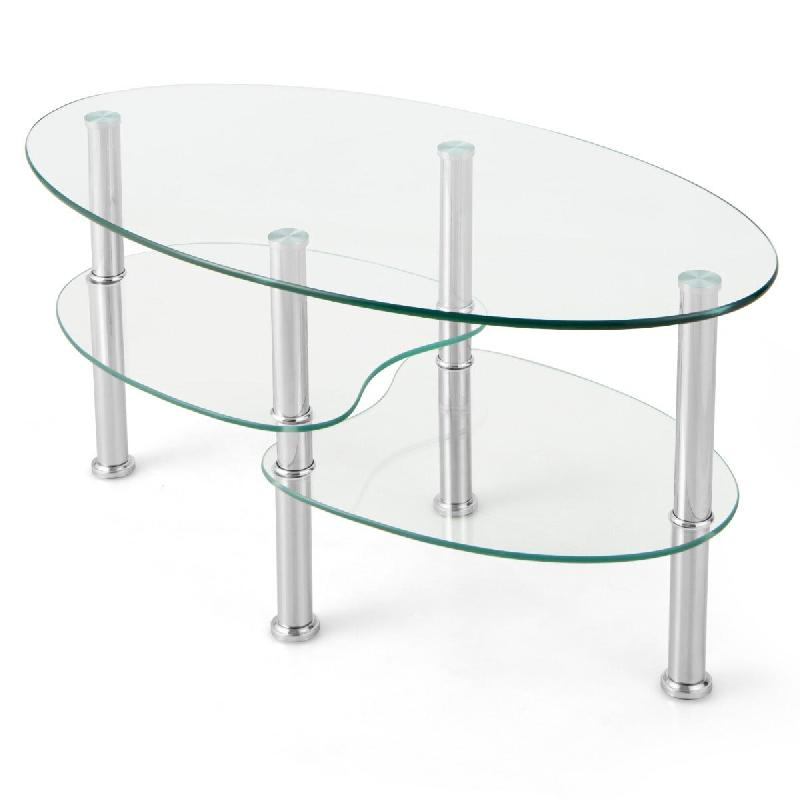 Helloshop26 - Table basse ovale 89 x 49,5 x 45 cm avec 3 étagères de rangement style moderne en verre trempé transparent 20_0021092 - 3000233846908_0