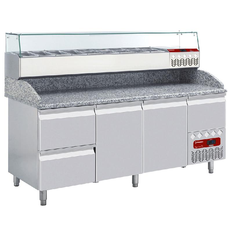 Table pizza réfrigérée tropicalisé 2 portes et 2 tiroirs 600x400 un tiroir neutre + saladette - TP261/P9_SY198G/PP9_0