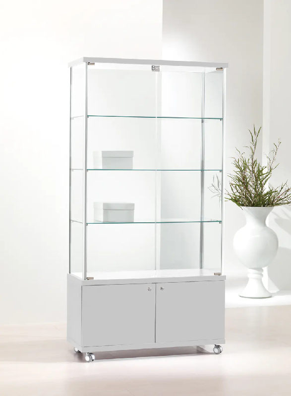 Vitrine armoire d'exposition 93-MAVA - blanc poli avec tablettes amovibles et rangement sécurisé_0
