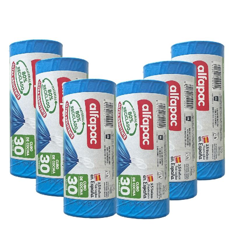 Alfapac - Sacs poubelle à fermeture automatique 30 L 55 x 60 cm, 6 rouleaux x 15 unités (80 % recyclés) - bleu PK6978_0
