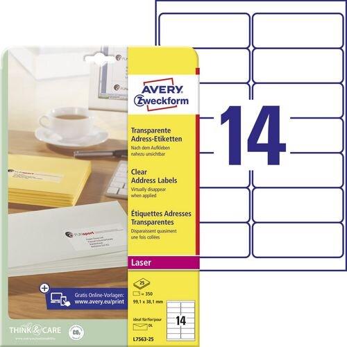 Avery Zweckform 350 étiquettes Laser transparentes, format 99,1 x 38,1 mm (25 feuilles A4 / cdt) - transparent L7563-25_0