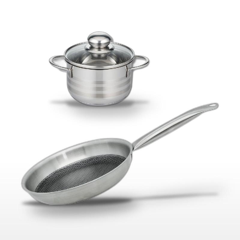 Batterie de cuisine avec 1 poêle de cuisson 24 cm et 1 faitout 14 cm en inox et aluminium sans PFAS Elo Collection Relief Solution Brillant - gris 31_0