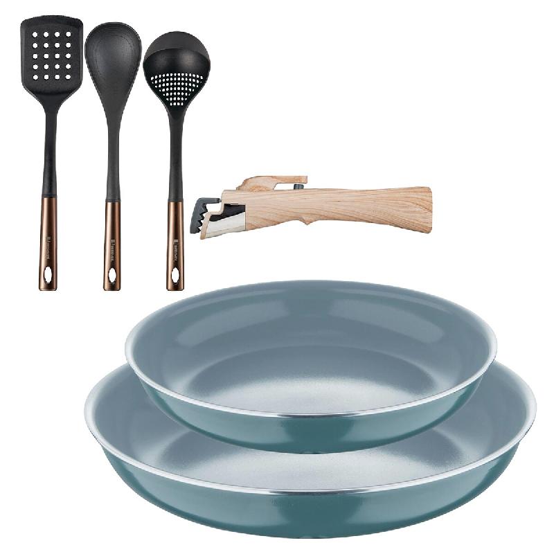 BERGNER - Ensemble 2 poêles Ø22/26cm aluminium embouti vert adapté induction avec poignée amovible et Ensemble 3 ustensiles cuisine PBT noir et cu_0