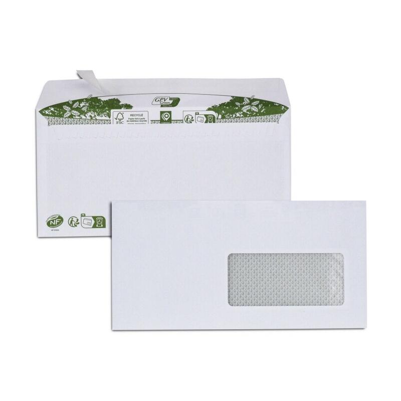 Boîte de 500 enveloppes GPV Green blanches 110x220/DL, 80 g/m², avec fenêtre 45x100 à 20/20, adhésives avec bande - 3250650028221_0