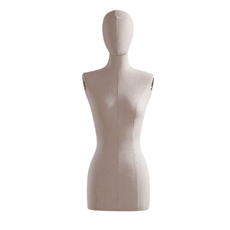 Buste femme Torso Vintage avec tête - housse lin écru - style industriel et rétro_0