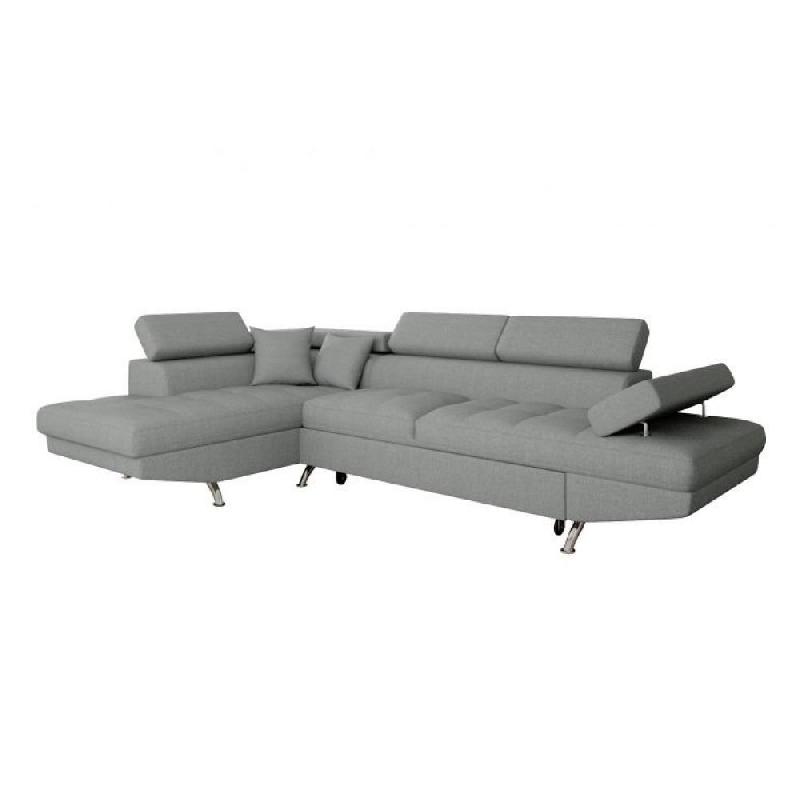 Canapé d'angle à gauche convertible RINO gris clair - avec coffre de rangement, accoudoir relevable et têtières réglables_0