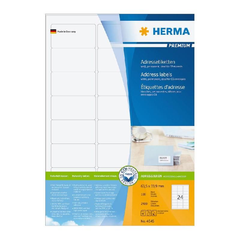 HERMA ETIQUETTE BLANCHE PREMIUM - HERMA - 63,5 X 33,9 MM - POCHETTE DE 2400 ÉTIQUETTES