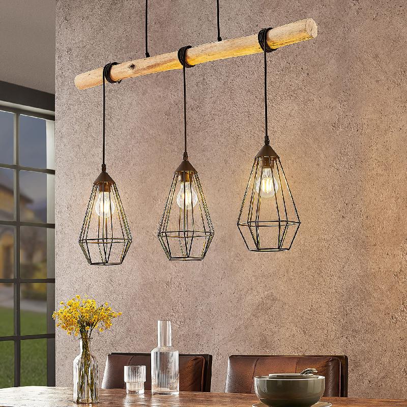 SUSPENSION LINDBY ELDARION, 90 CM, 3 LAMPES, BOIS, E27