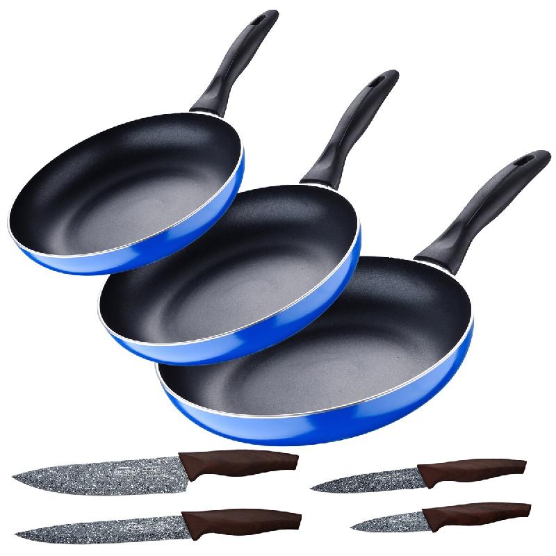 San Ignacio Blue Navy Paradise - Jeu de 3 poêles (16/20/24 cm) en aluminium pressé compatibles induction avec set de couteaux de cuisine - aluminium_0