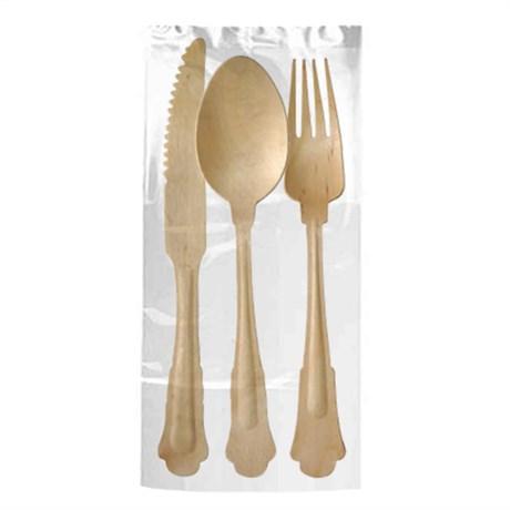 SET FOURCHETTE+COUTEAU+CUILLÈRE+SERVIETTE 20 CM BOIS NATUREL (VENDU PAR 100)