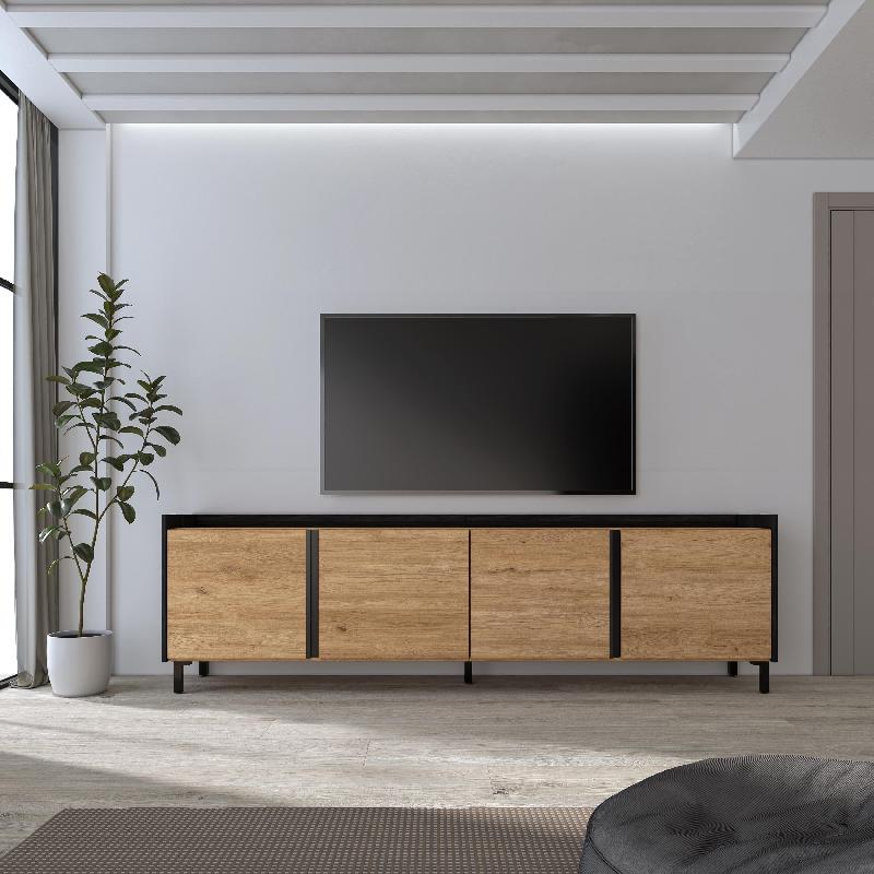 SKRAUT HOME - MEUBLE TV EFFET BOIS DE CHÊNE ET NOIR 207X35X61CM AVEC PIEDS