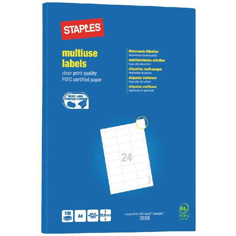 STAPLES ETIQUETTE MULTI-USAGES BLANCHE - STAPLES - 33,8 X 64,6 MM - BOÎTE DE 2400 ÉTIQUETTES