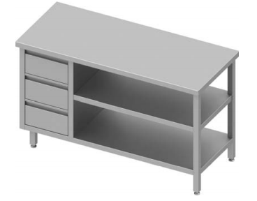 Table inox de travail centrale avec trois tiroirs  à gauche et deux étagères 800x600x900 soudée - 932876080_0