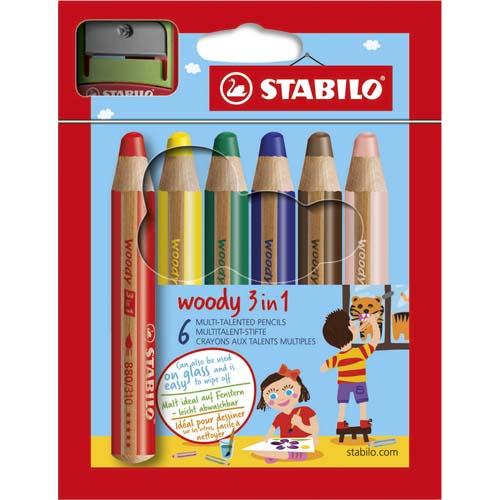 ETUI DE 6 CRAYONS DE COULEUR MULTI USAGES EXTRA LARGE WOODY, COLORIS ASSORTIS - - LOT DE 2