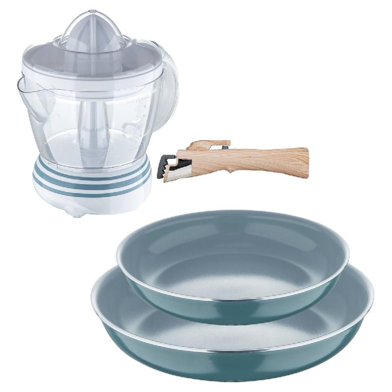 BERGNER - Jeu de 2 Poêles Ø24/28 cm en Aluminium Embouti Recyclé Vert avec Manche Amovible et Presse-agrumes 40 W - Capacité 1,2 L - PK9700_0