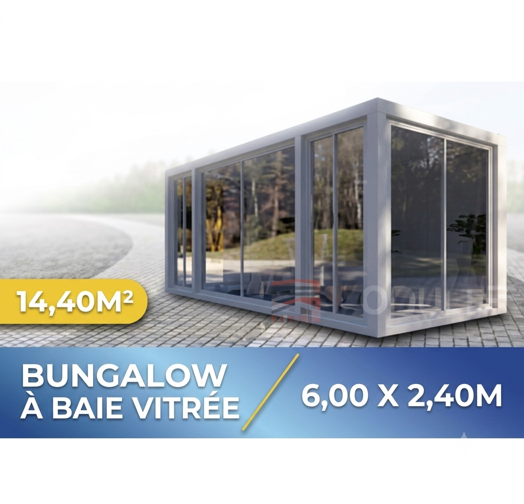 Bureau préfabriqué à baie vitrée - En PVC - 20 pieds - 6,00 x 2,40 x 2,60 m - Porte en acier galvanisé_0