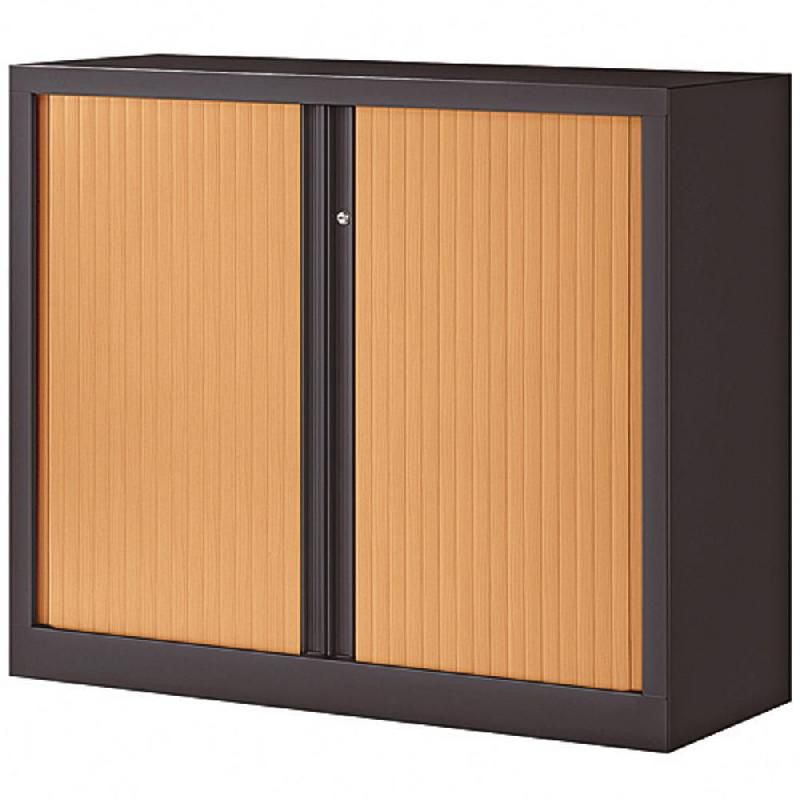 JPG ARMOIRE MÉTAL MONOBLOC NF ENVIRONNEMENT - A RIDEAUX - H. 100 X L. 120 CM - CORPS ANTHRACITE  - RIDEAUX HÊTRE