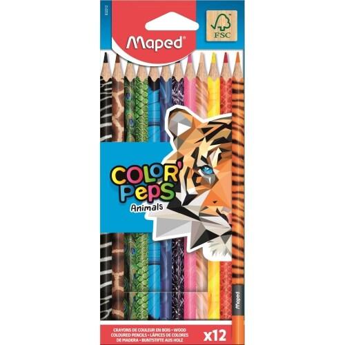 Maped - Crayons de Couleur Color'Peps Animals FSC - Crayon de Coloriage Triangulaire Ergonomique - Crayons Décorés Animaux - Pochette de 12 Crayons_0