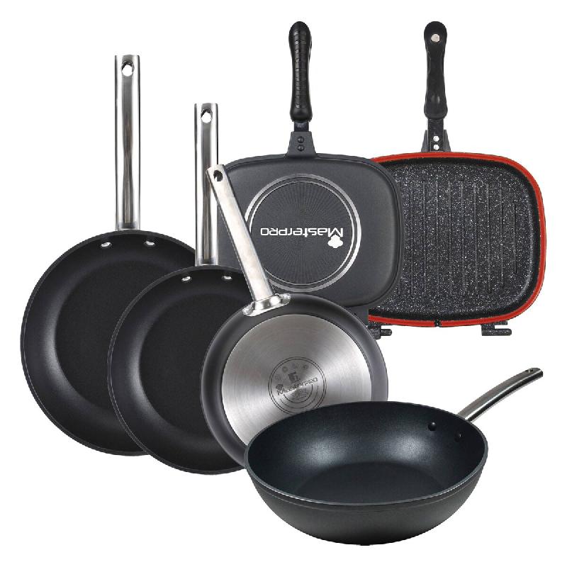 Masterpro - Jeu de 3 Poêles Ø24/Ø28/Ø30 cm avec Wok Ø28 cm et Poêle Double 30x24 cm en Aluminium Compatibles Induction Couleur Noire FOODIES - a_0