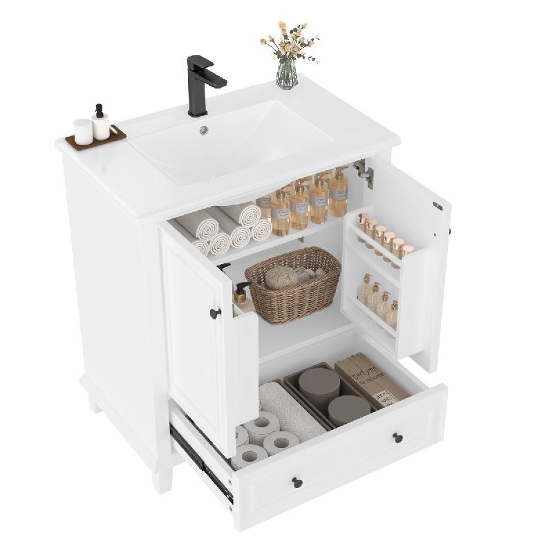 Merax meuble sous-vasque 76x46x87cm, meuble de salle de bain sur pied avec lavabo en céramique, étagères de porte, tiroir, pieds en bois massif, bl_0